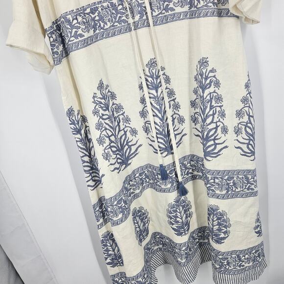 Spartina 449 Maxi Dress White Blue Linen Embroidered Tassels Summer Boho Size XL - Picture 4 of 11